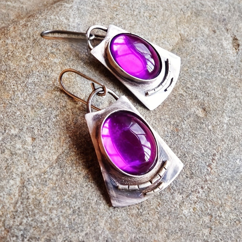 Antique Silver Inlaid Purple Stone Earrings Retro Creative