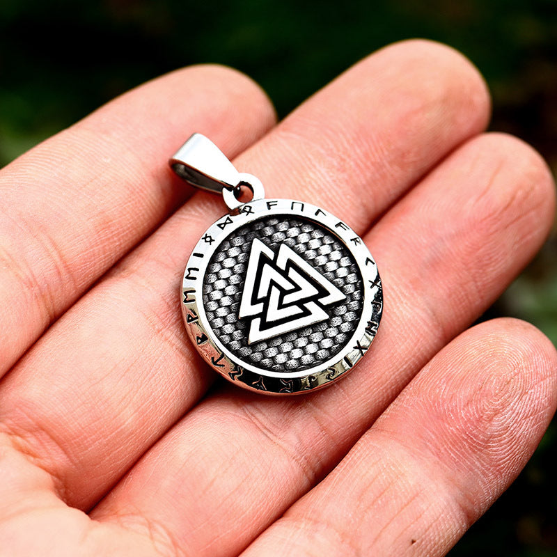 Viking Letter Titanium Steel Stacked Triangle Round Pendant