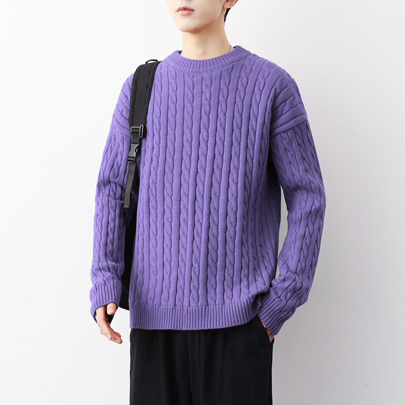 Men's Thick Solid Color Loose Round Neck Twisted Twisted Sweater