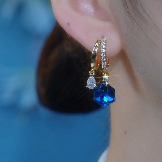 Blue Cube Sugar Crystal Earrings Temperament Ear Clip