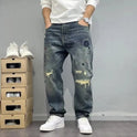 American Style Loose Straight Ripped Spring And Autumn Patch Jeans