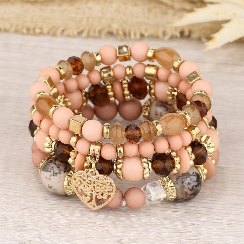 Bohemian National Style Crystal Peach Heart Multi-layer Bracelet