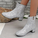 Outfit Sequin Chunky Heel Soft Bottom Women's Side Zipper Boots