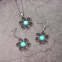 Female Fashion Personality Distressed Metal Hollow Flower Turquoise Necklace And Earrings Suite