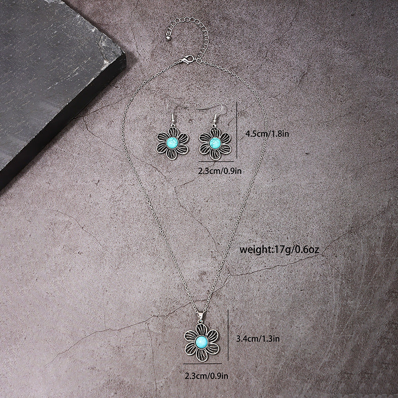 Female Fashion Personality Distressed Metal Hollow Flower Turquoise Necklace And Earrings Suite