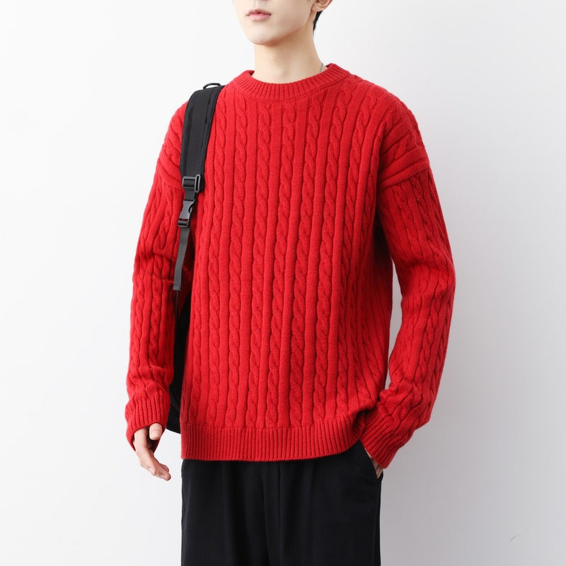 Men's Thick Solid Color Loose Round Neck Twisted Twisted Sweater