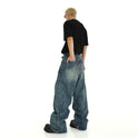 Men's Patchwork Jeans Washed Loose Drooping Wide-leg Straight Trousers