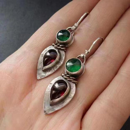 Geometric Simple Round Water Drop Red And Green Inlaid Vintage Earrings