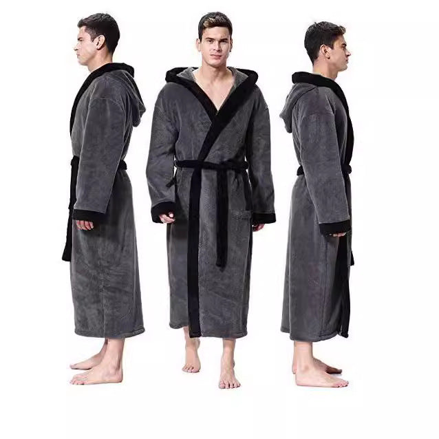 Men's Simple Colorblock Hood Patch Pocket Bathrobe