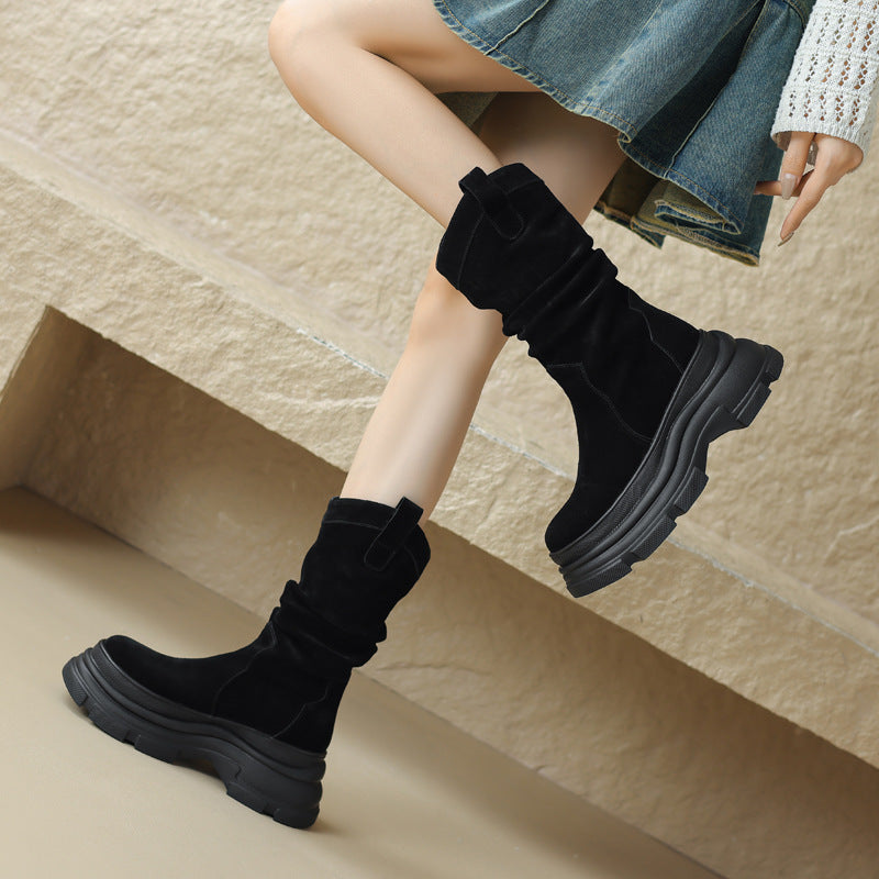 Thick-soled Round-toe Frosted Pleated Pile Style Boots