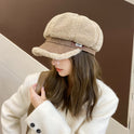 Faux Cashmere Fashion Leather Tag Octagonal Winter Warm Peaked Cap