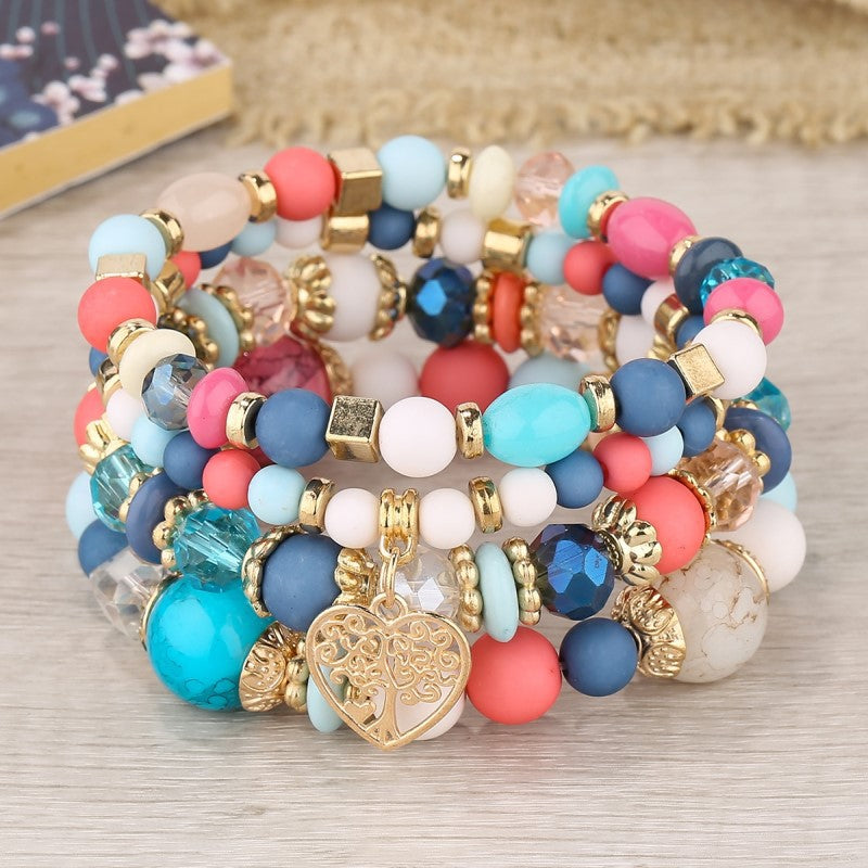 Bohemian National Style Crystal Peach Heart Multi-layer Bracelet