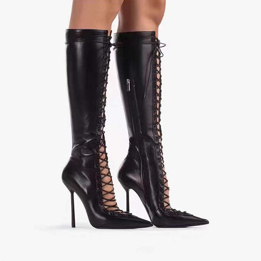 Pointed-toe Hollowed Cross Lace-up Stiletto Heel Sandal Boots