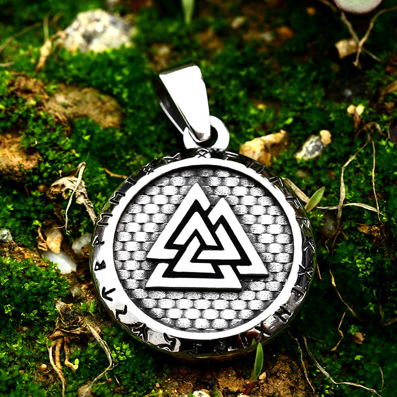 Viking Letter Titanium Steel Stacked Triangle Round Pendant