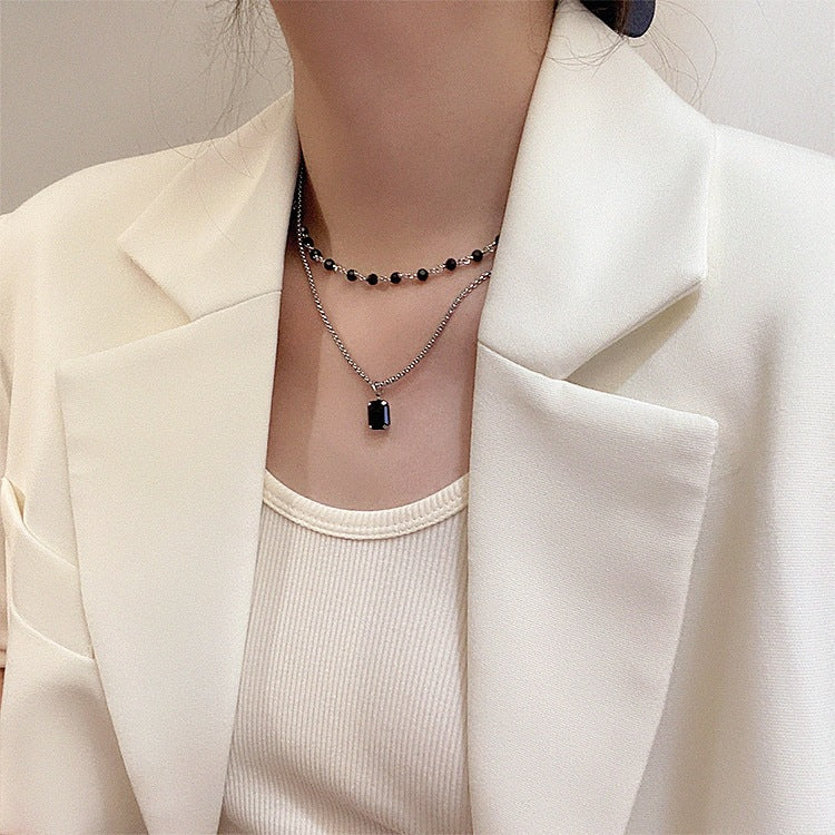 Black Zircon Beaded Double-layer Clavicle Chain