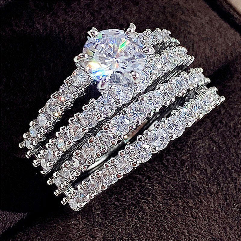 Hollow Double Layer Zircon Engagement Ring Set