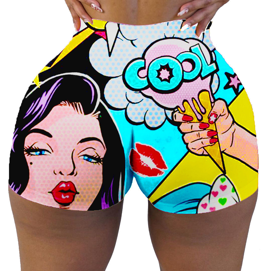 European And American Leisure Shorts Tight Cartoon Print Sports Yoga Hot Pants