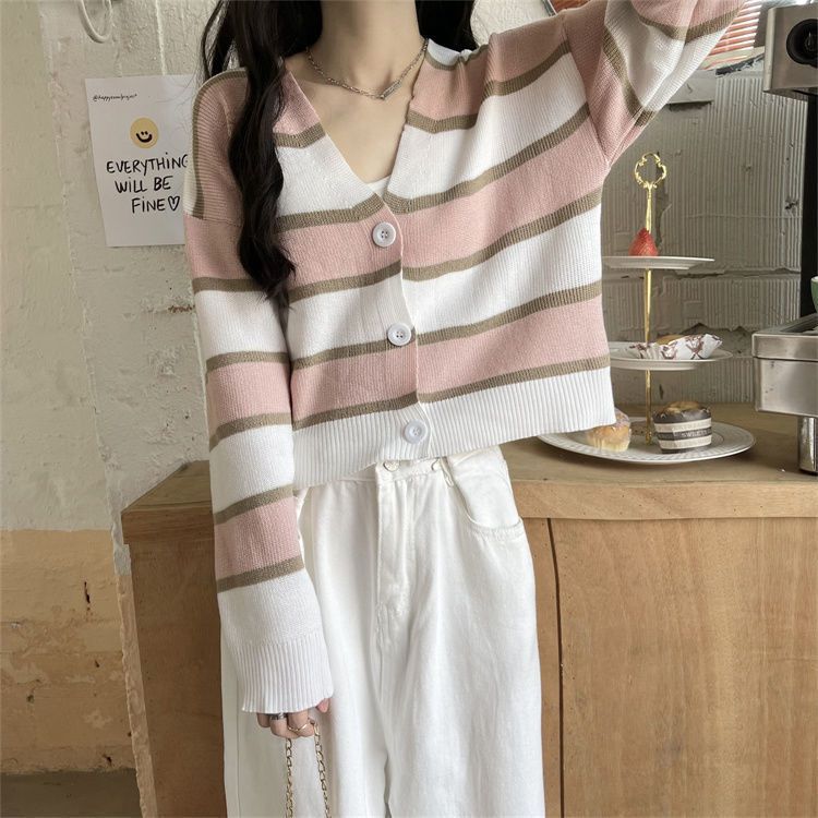 French Style Vintage Stripe Knitted Cardigan Outer Wear Short Sweater For Women