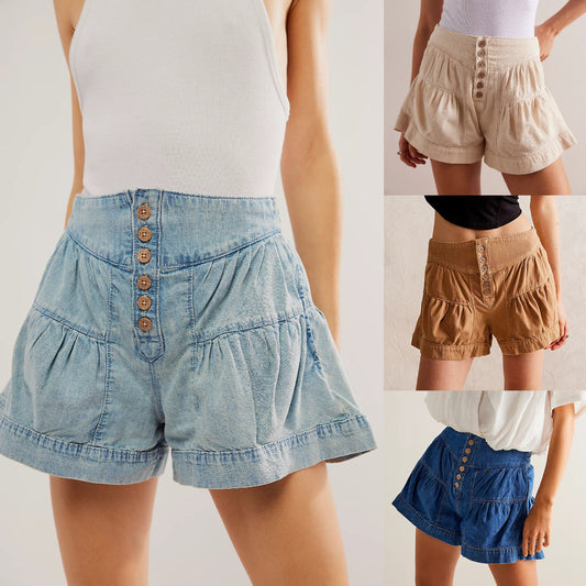 Ruffled Denim Shorts Women's Elastic Pocket