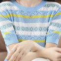 Color Matching Hollow Out Half Sleeve Loose Striped Top