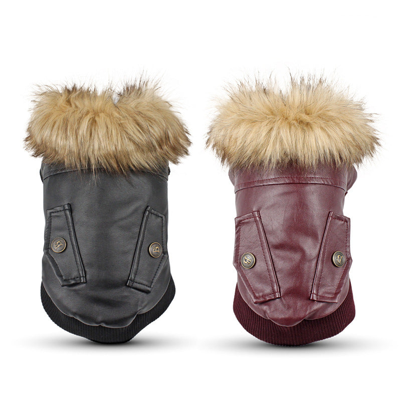 Autumn And Winter Clothes Dog Fur Collar Leather Coat