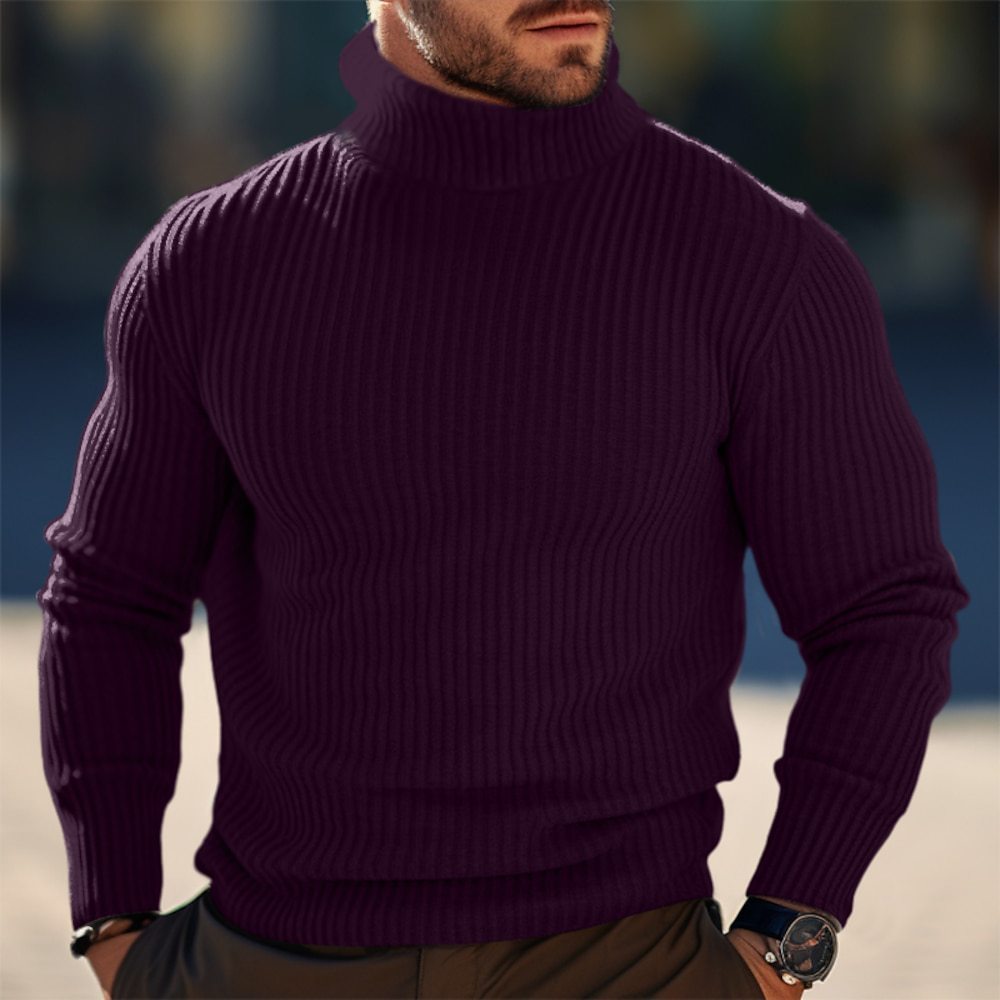 Autumn And Winter Turtleneck Solid Color Striped Sweater Men