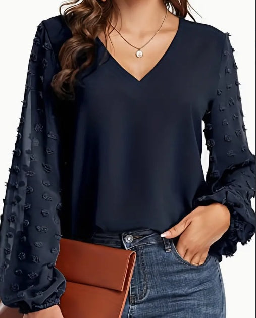 Swiss Dot V Neck Shirt - Soft, Breathable, Casual Solid Shirt For Spring And Fall Season, Women's Clothing With Relaxed Fit And Classic Style