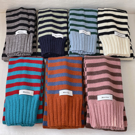 Striped Contrast Color Knitted Wool College Style Scarf