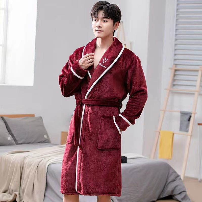 Autumn And Winter Flannel Oversize Men's Plush Lengthened Bathrobe