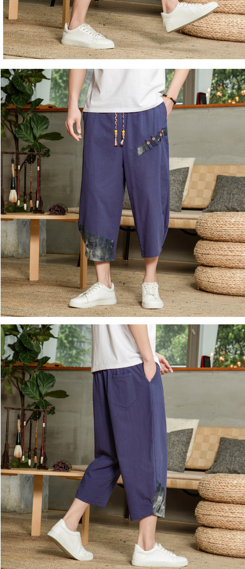 Non-stretch Thin Mid-waist Cropped Linen Casual Pants Men's Color Matching