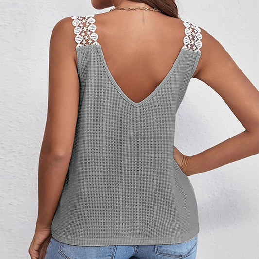 Waffle V-Neck Vest Sleeveless Lace Tank Shirt Tops Summer