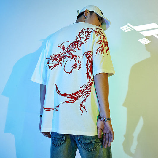 Embroidered Phoenix Individual Short-sleeved T-shirt National Fashion Hip Hop Men's Casual Clothes