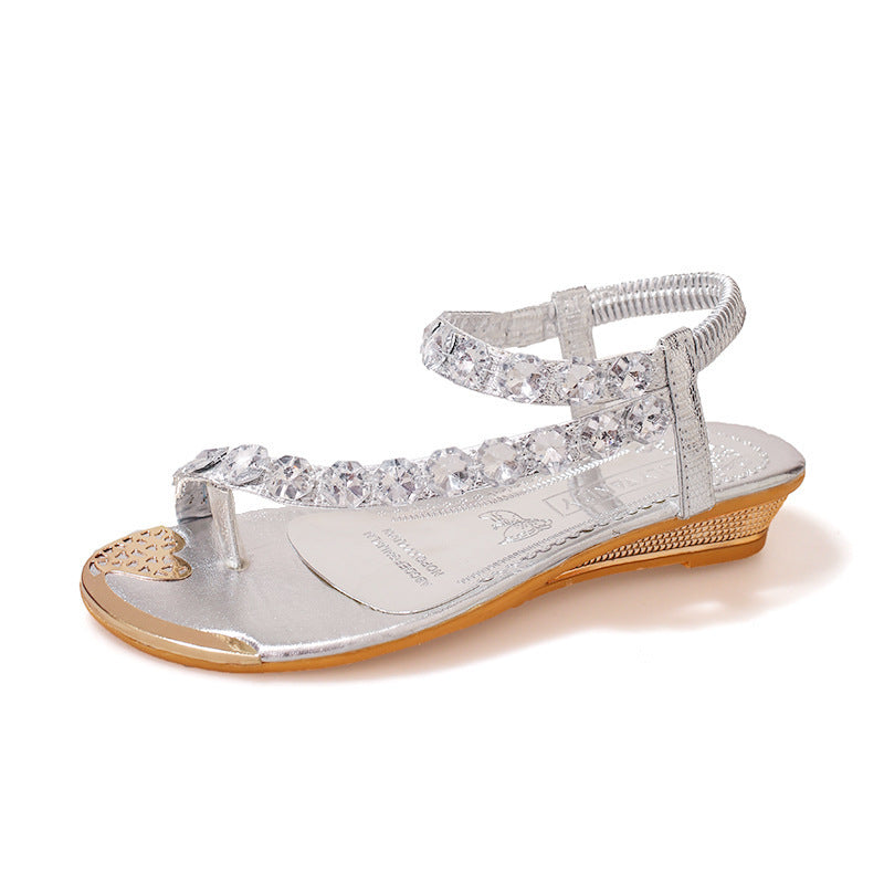 Fashion Rhinestone Flip-flop Sandals Wedge Sandals Female Back Strap Metallic Color