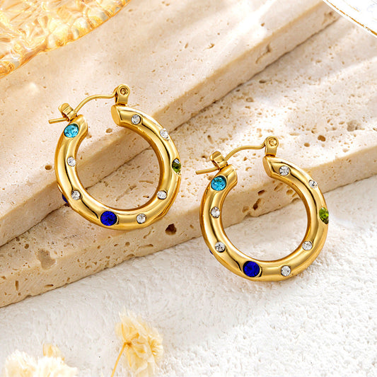 Stainless Steel Inlaid Color Diamond Round Ring Earrings Simple