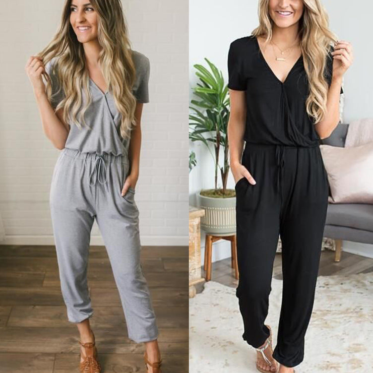 Women's Elastic Waist Drawstring Pocket Straight Leg Jumpsuit