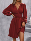 Diagonal Collar Lantern Sleeve Pleated Waist Dress