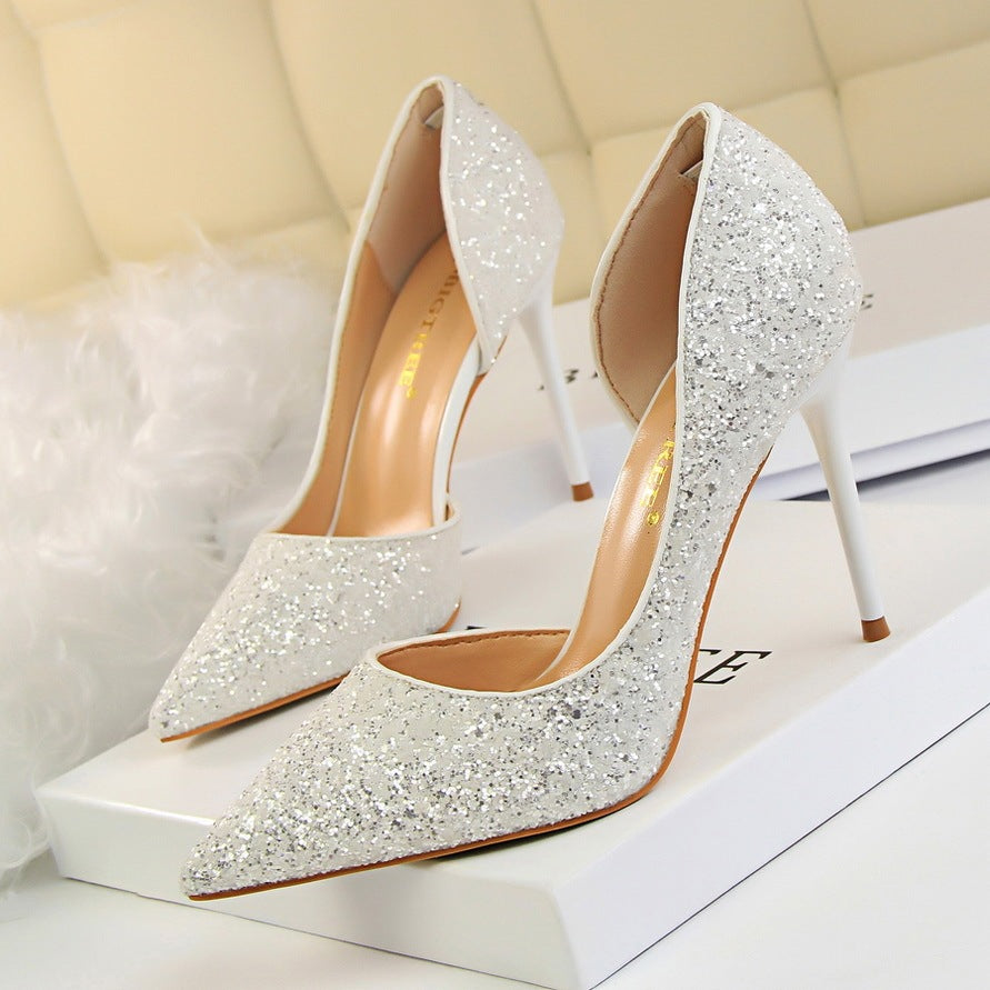 Skinny Women's Shoes Stiletto Heel Shallow Mouth Pointed Side Hollow-out Sequin