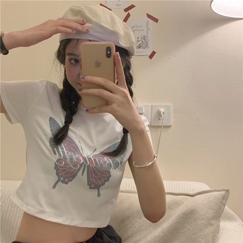 Butterfly T-shirt Short-sleeved Women European And American Tops Ins Women's Hong Kong Style Women's Short-sleeved T-shirt Women Ins Tide