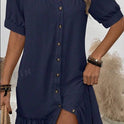 LUNE Solid Color Turn-Down Collar Button Up Dress With Ruffle Hem