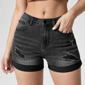 Women's Fashion Holes Curling High Elastic High Waist Denim Shorts