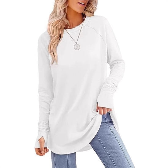 Solid Color Split-finger Long-sleeved Shirt Loose Mid-length