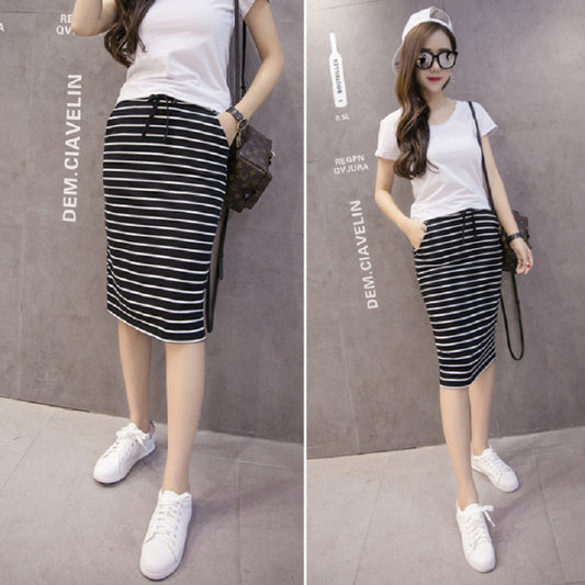 Black And White Striped Casual Pocket Mid-length Bag Hip Skirt