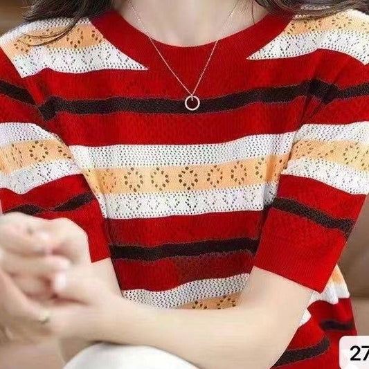 Color Matching Hollow Out Half Sleeve Loose Striped Top