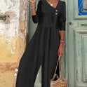 Women's Button Up Jumpsuit With Solid V-neck