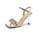 Women's Rhinestone Strap Square Head Fairy Style Open Toe High Heels