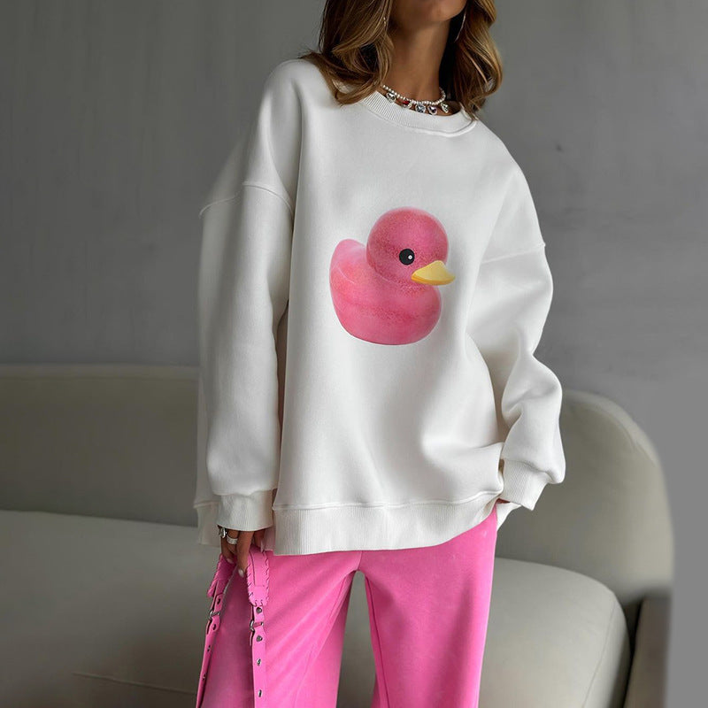 Fashion Style Casual All-matching Slim Fit Duck Printed Fleece Hoodie