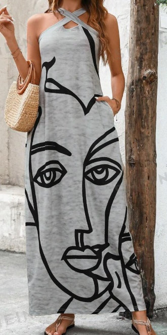 Women Summer Casual Vacation V-Neck Straight Dress, With Side Pockets, Stripes And Face Print Pattern