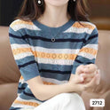 Color Matching Hollow Out Half Sleeve Loose Striped Top