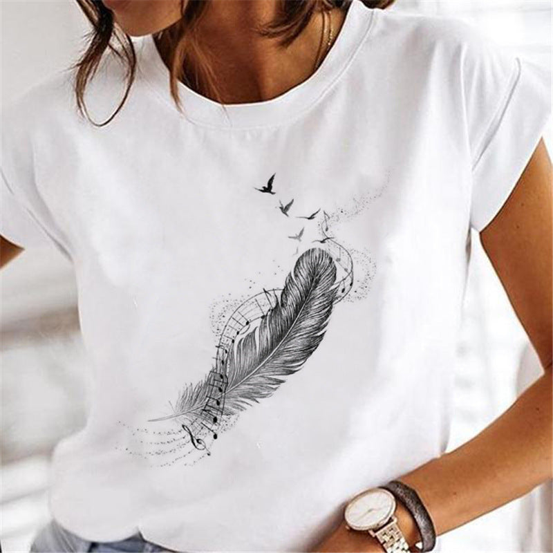 Feather Fashion Print Round Neck Sports Short Sleeve