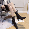 Thick Heel Elastic Thin Net Red Socks Boots Mid-tube Pointed Toe High-heeled Short Boots Women